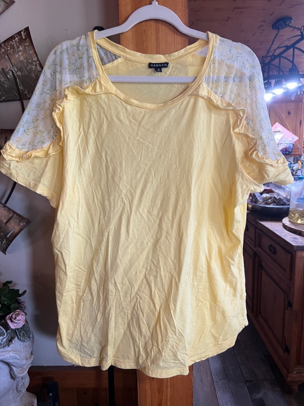 Hannah Pale Yellow Short Sleeve Tee with White Floral Sleeve Panels